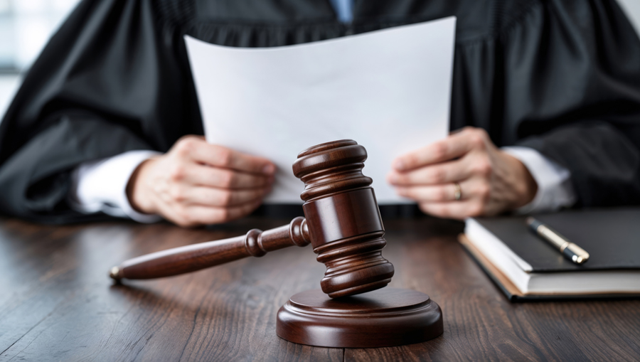 Judge's hands holding a paper and gavel on a wooden table, representing legal proceedings at All West Law Group.