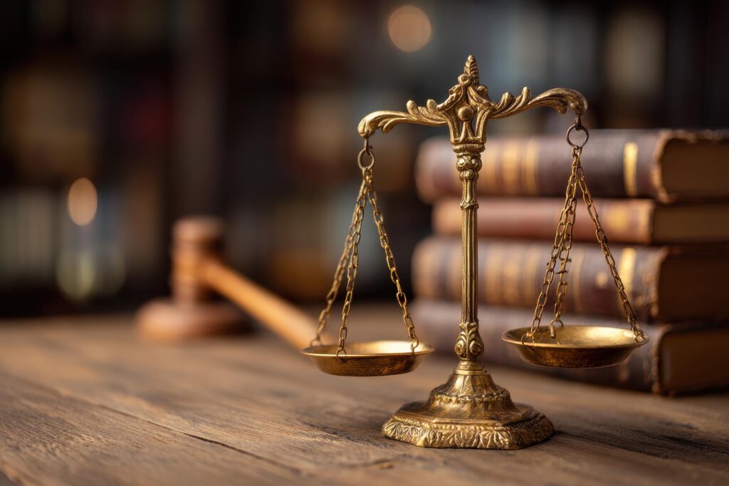 The vintage brass scales of justice sit prominently on a wooden table, accompanied by an array of old leather-bound law books. This scene exudes an atmosphere of legal history and contemplation.