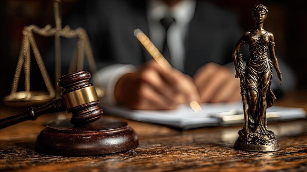 Paralegal reviewing files near justice statue and gavel symbolizes legal support,